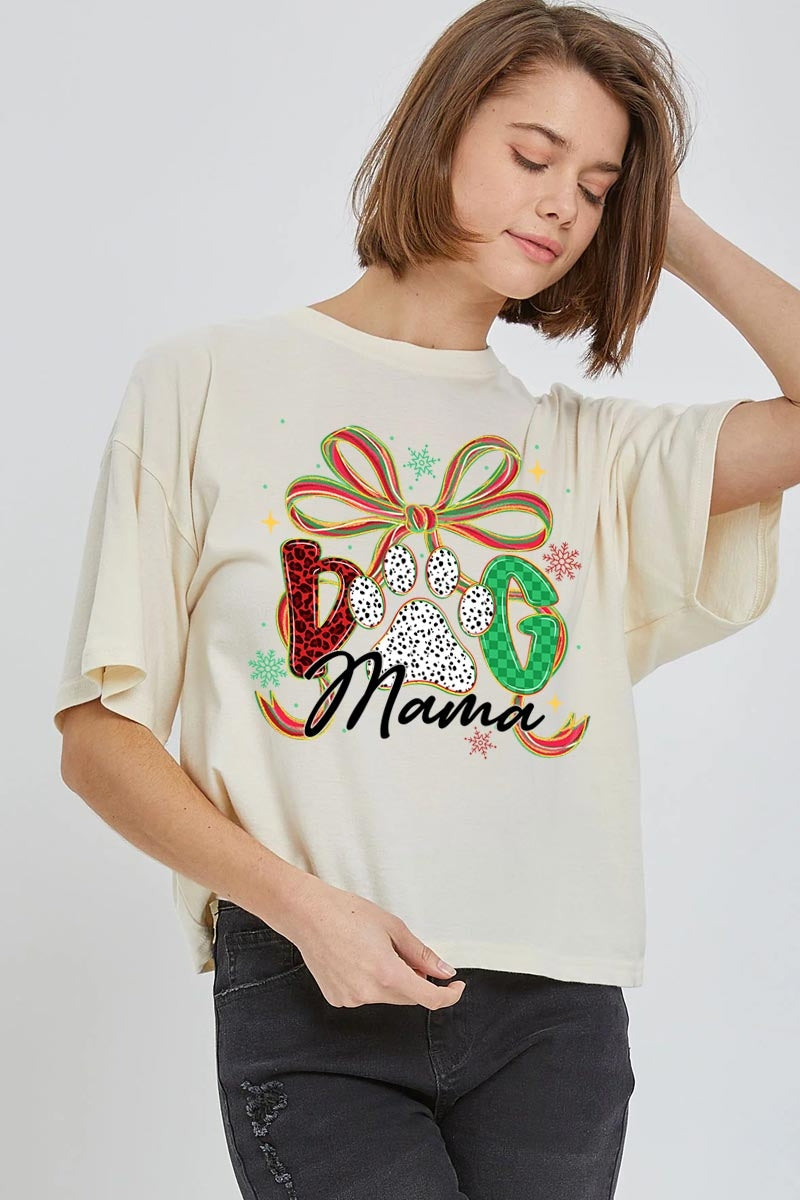 CTS-E3194 Dog Mama Christmas Paw Graphic Relaxed Crop Top $11