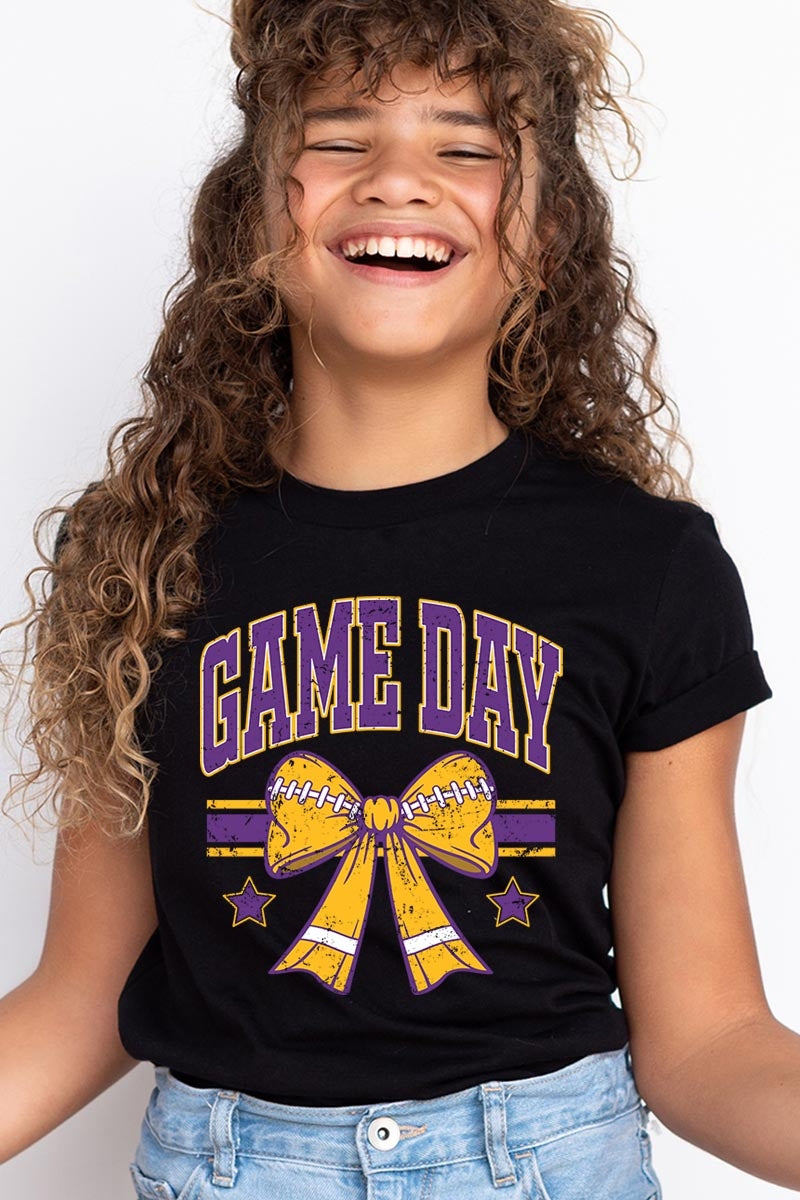 US3001Y-E3063Z Purple Game Day Football Bow Kids Graphic Tee $11