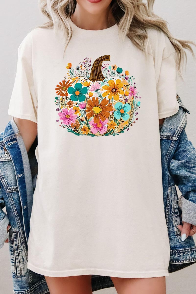 5000-E3118 Floral Pumpkin Graphic Heavy Cotton Tee $9