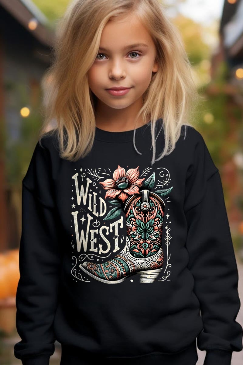 UL180B-E3100Z Wild West Cowgirl Boot Kids Graphic Sweatshirt $20