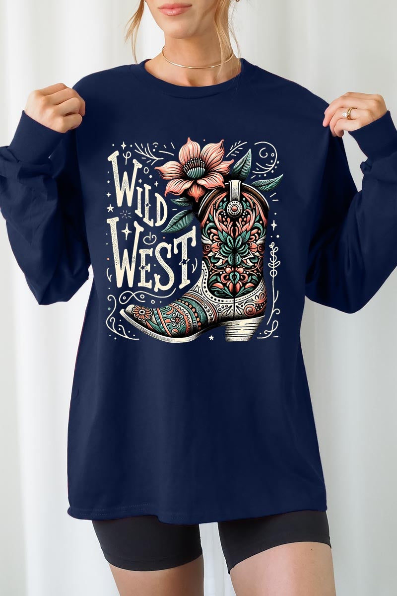 UL240-E3100 Wild West Cowgirl Boot Graphic Long Sleeve Tee $13.75