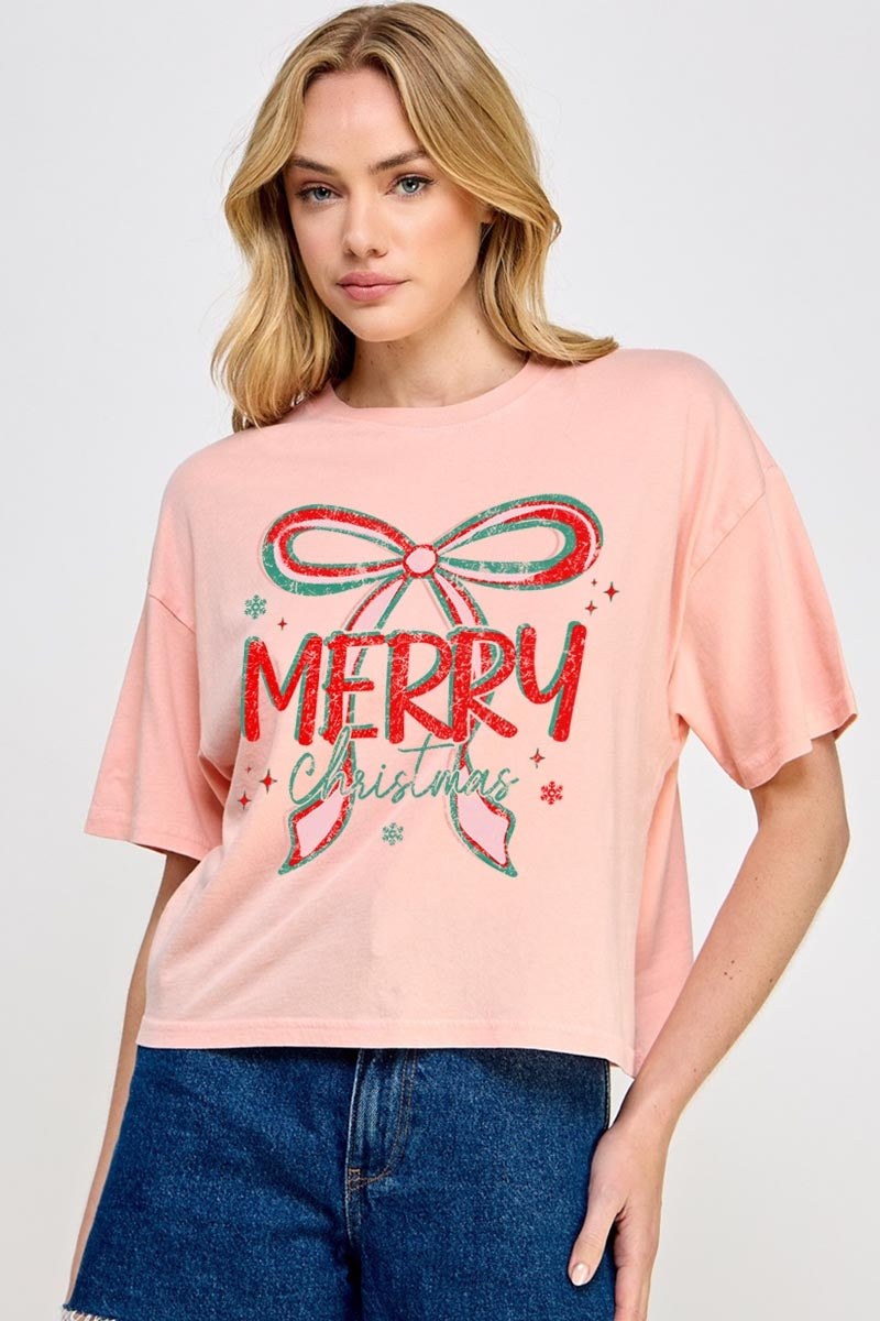 CTS-E3197 Merry Christmas Bow Graphic Relaxed Crop Top $11