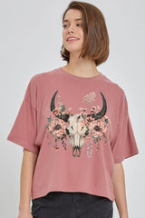 CTS-E3113 Western Skull Floral Graphic Relaxed Crop Top $11