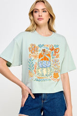 CTS-E3153 Floral Pumpkin Stack Graphic Relaxed Crop Top $11