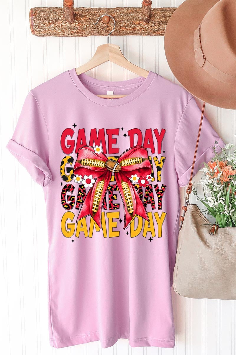 US3001P-E3091 Red Yellow Football Game Day Bow Graphic Plus Tee $16