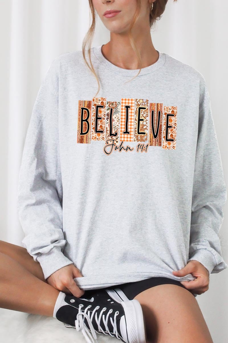 UL240P-E3167 Believe Fall Christian Graphic Plus Long Sleeve Tee $17