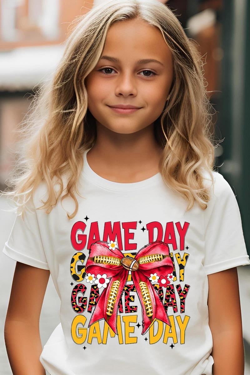 US3001Y-E3091Z Red Yellow Football Game Day Bow Kids Graphic Tee $11