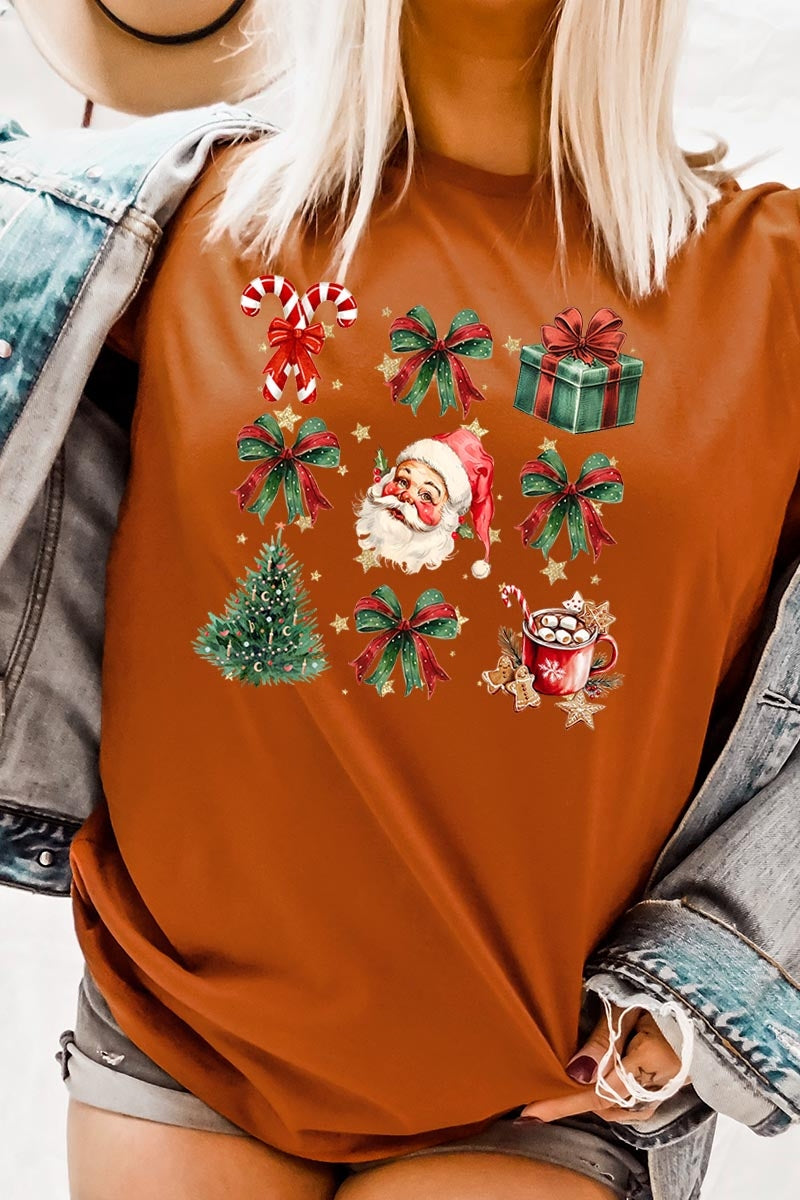 US3001-E3217 Santa Gifts & Bows Christmas Graphic Tee $12.5