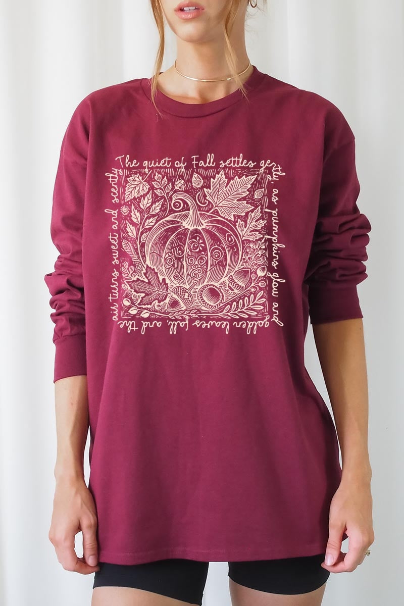 UL240-E3112 Fall Pumpkin Botanical Graphic Long Sleeve Tee $13.75