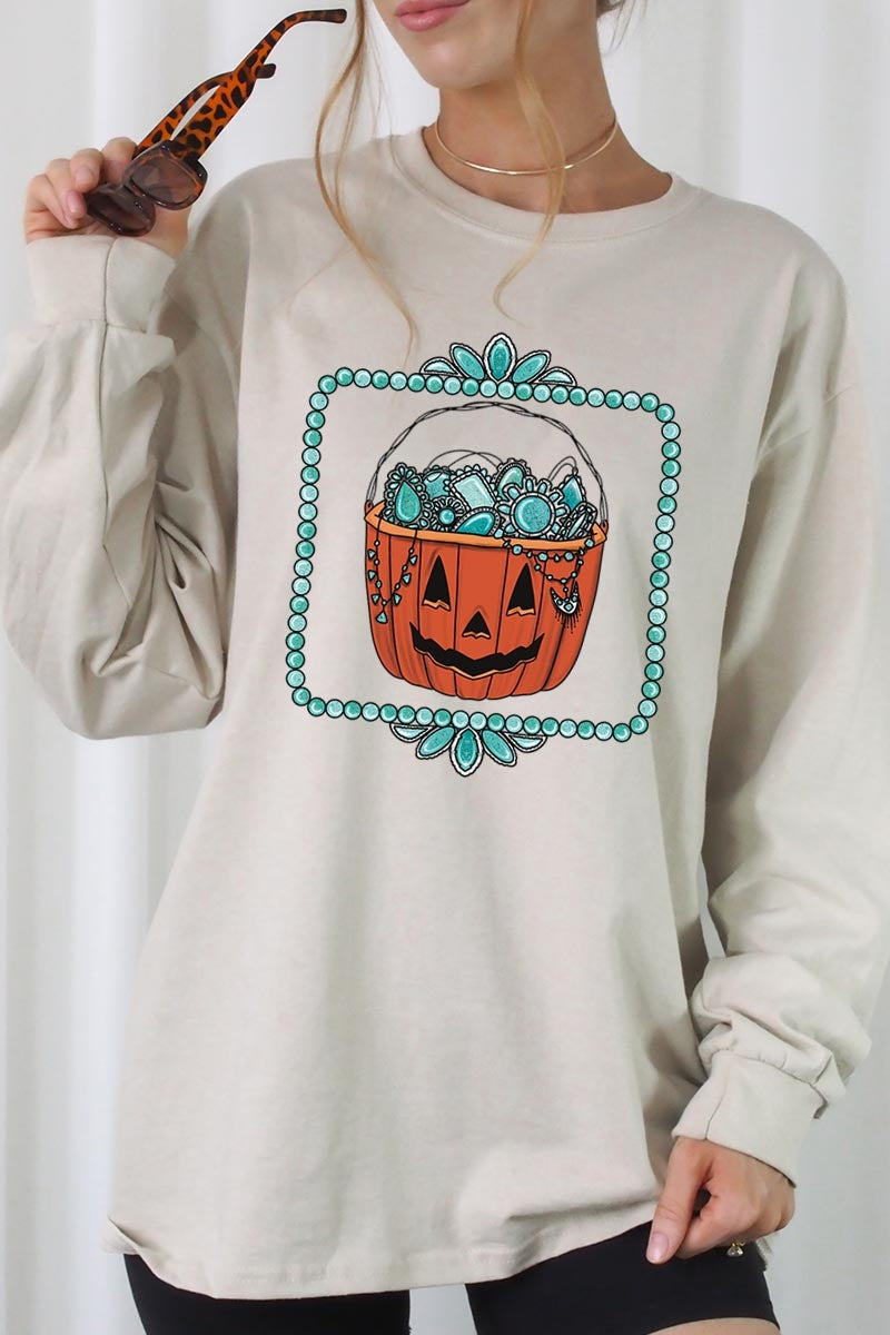UL240-E3140 Halloween turquoise pumpkin Long Sleeve Tee $13.75
