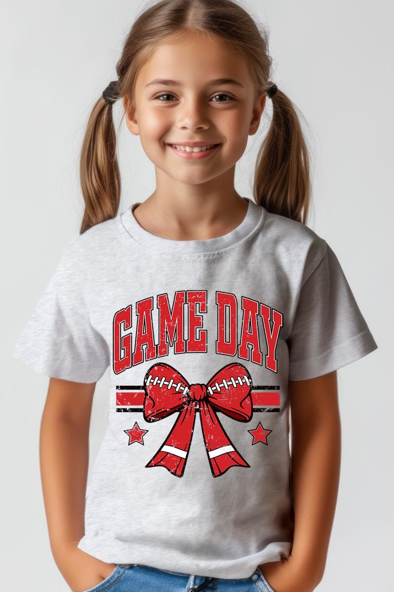 US3001Y-E3062Z Red Game Day Football Bow Kids Graphic Tee $11