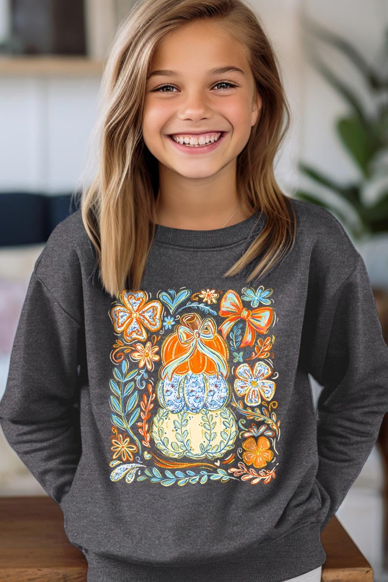 UL180B-E3153Z Floral Pumpkin Stack Kids Graphic Sweatshirt $20