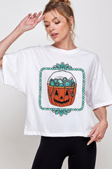 CTS-E3140 Halloween turquoise pumpkin Relaxed Crop Top $11