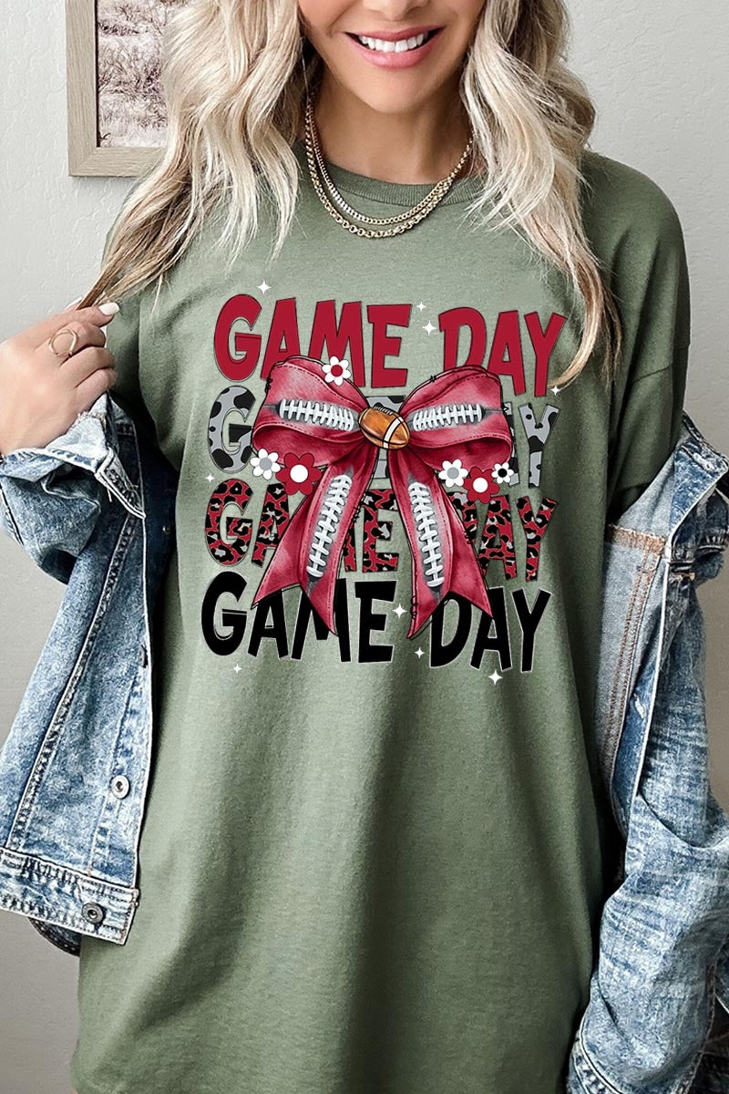 5000P-E3093 Red Silver Football Bow Plus Heavy Cotton Tee $12.75