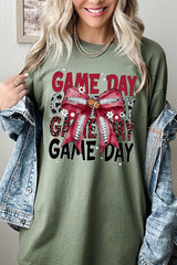 5000-E3093 Red Silver Football Game Day Bow Heavy Cotton Tee $9