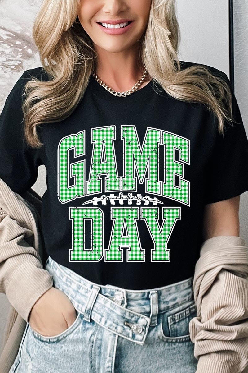 US3001-E3128 Green Gingham Game Day Graphic Tee $12.5