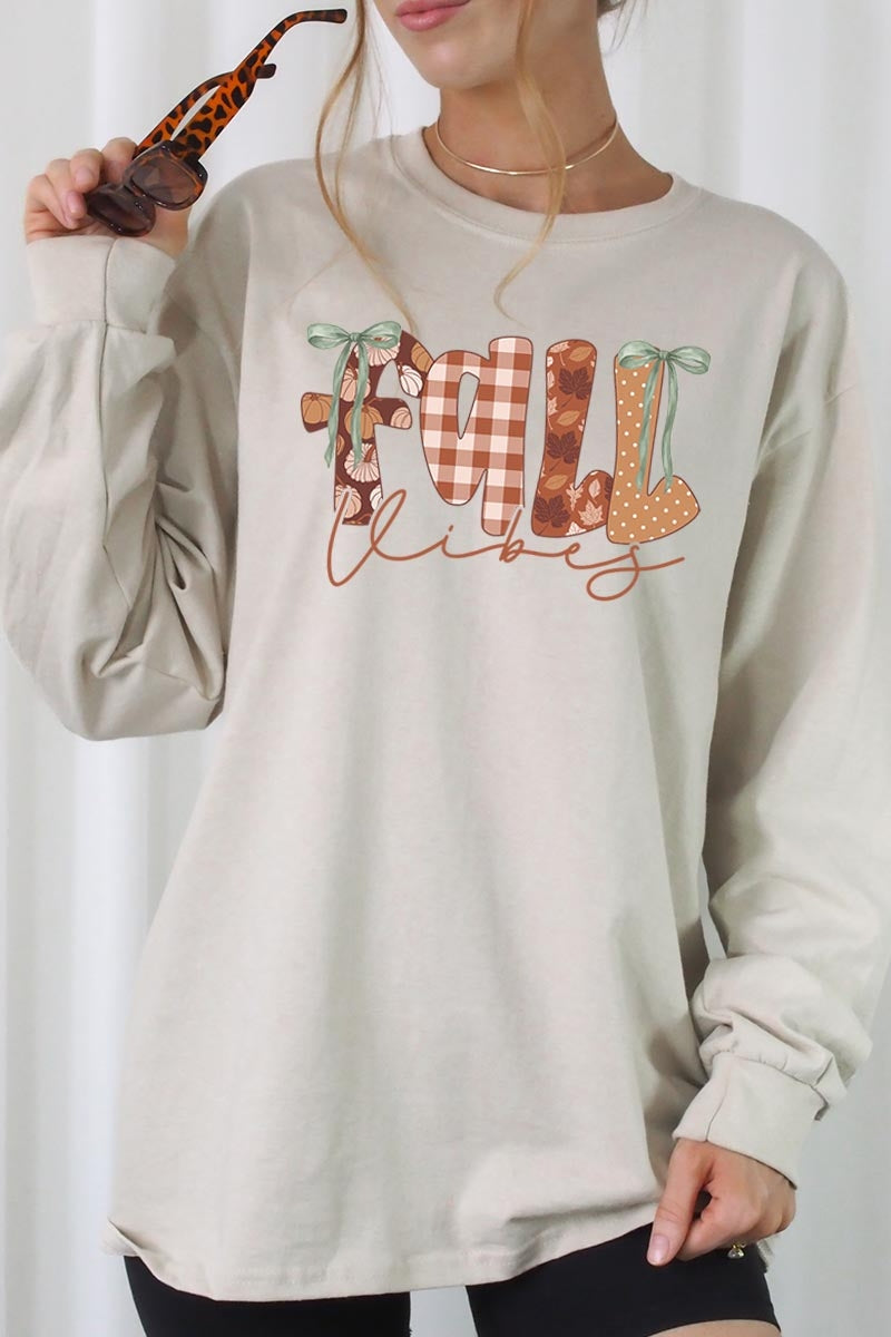 UL240-E3071 Fall Vibes Rustic Script Graphic Long Sleeve Tee $13.75