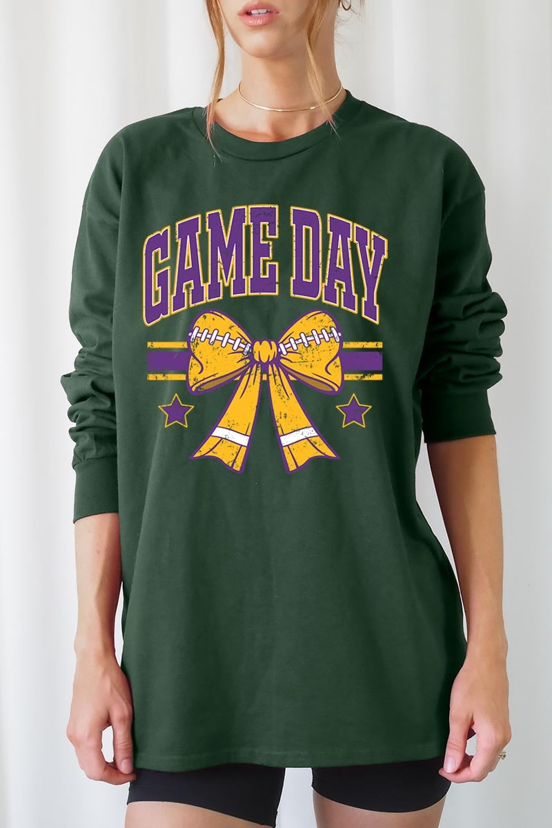 UL240-E3063 Purple Game Day Football Bow Long Sleeve Tee $13.75