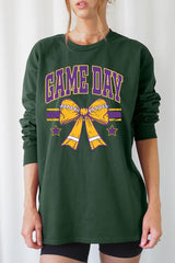 UL240P-E3063 Purple Game Day Football Bow Plus Long Sleeve Tee $17