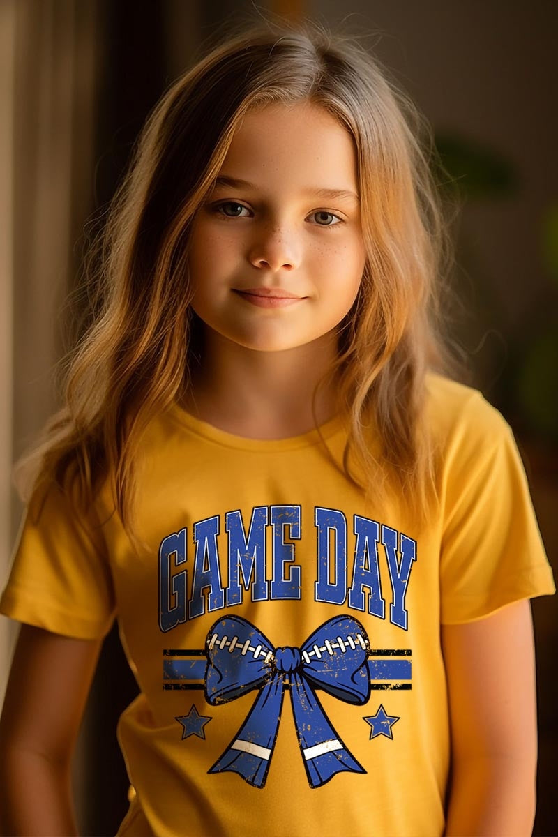 US3001Y-E3065Z Blue Game Day Football Bow Kids Graphic Tee $11