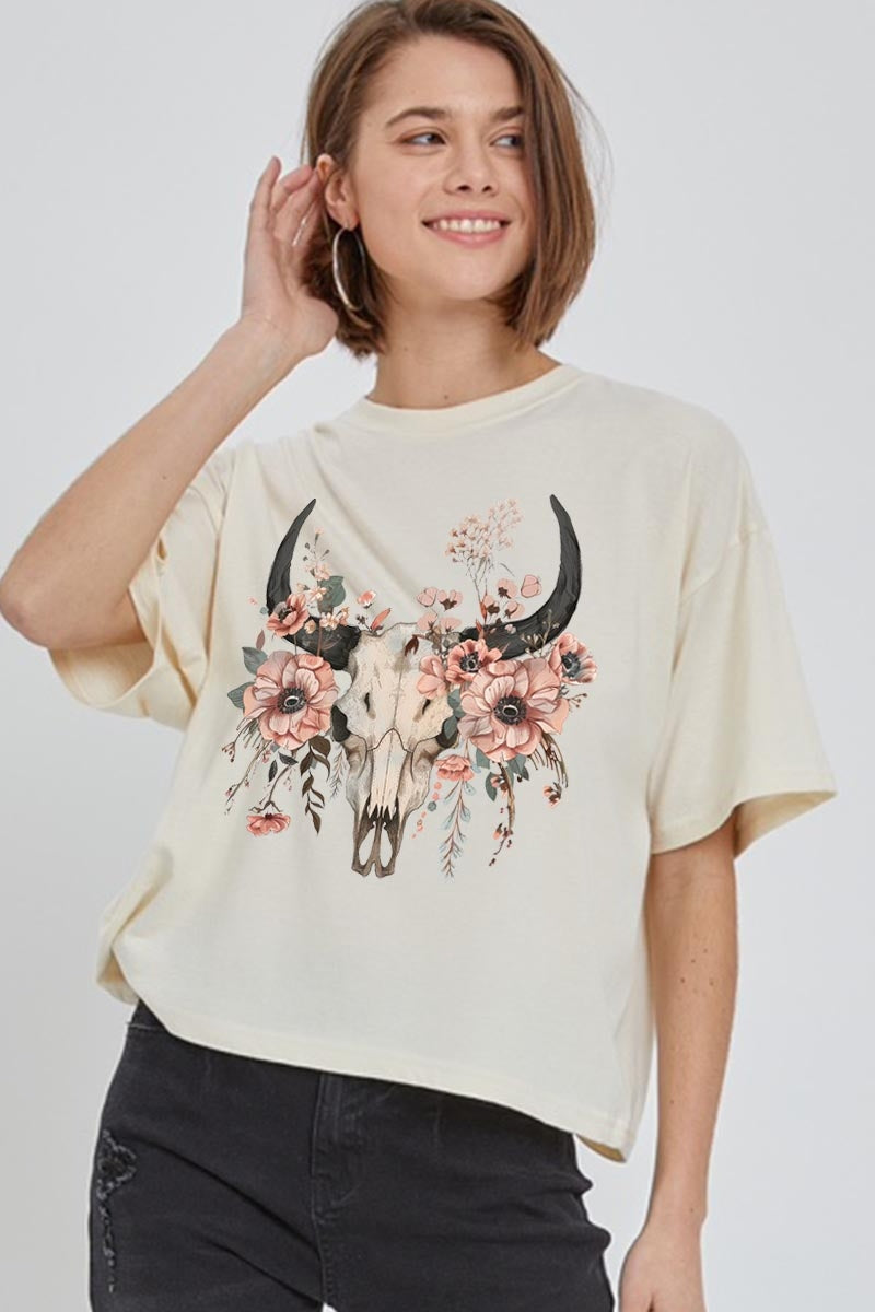 CTS-E3113 Western Skull Floral Graphic Relaxed Crop Top $11