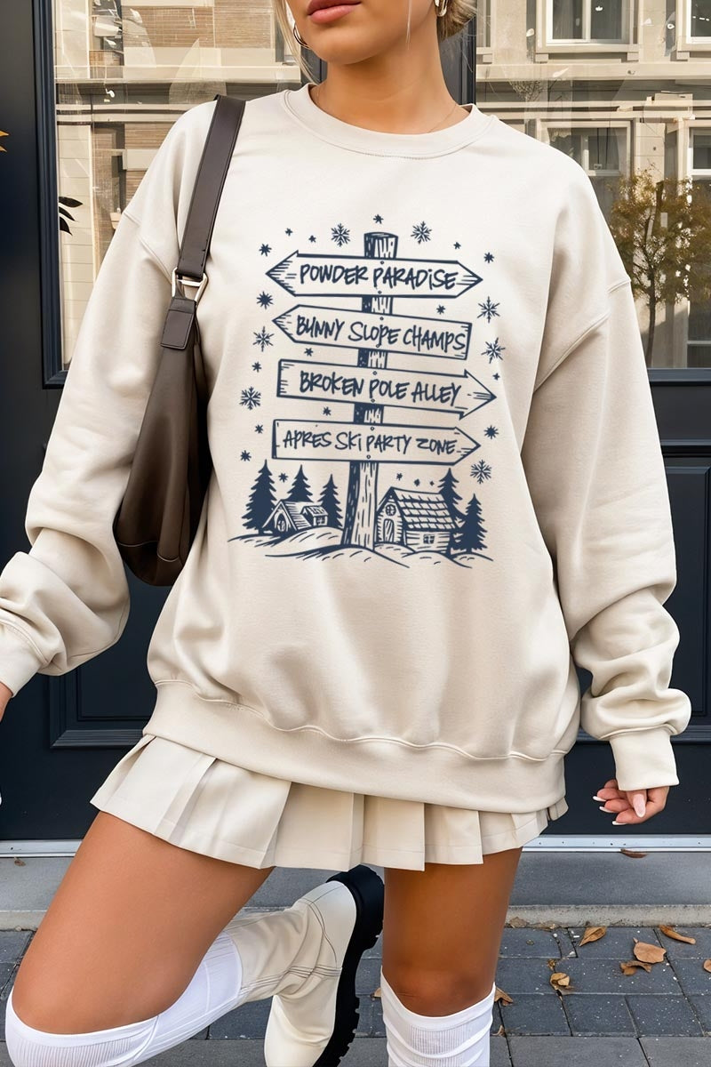 UL180P-E3189 Ski Lodge Signs Graphic Plus Sweatshirt $25