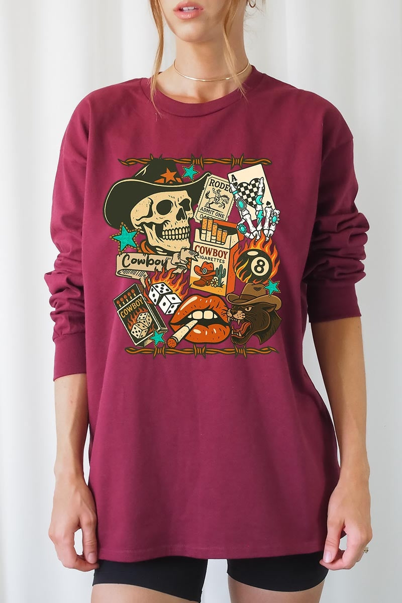 UL240-E3096 Vintage Western Collage Graphic Long Sleeve Tee $13.75