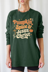 UL240-E3164 Pumpkin Spice & Jesus Graphic Long Sleeve Tee $13.75