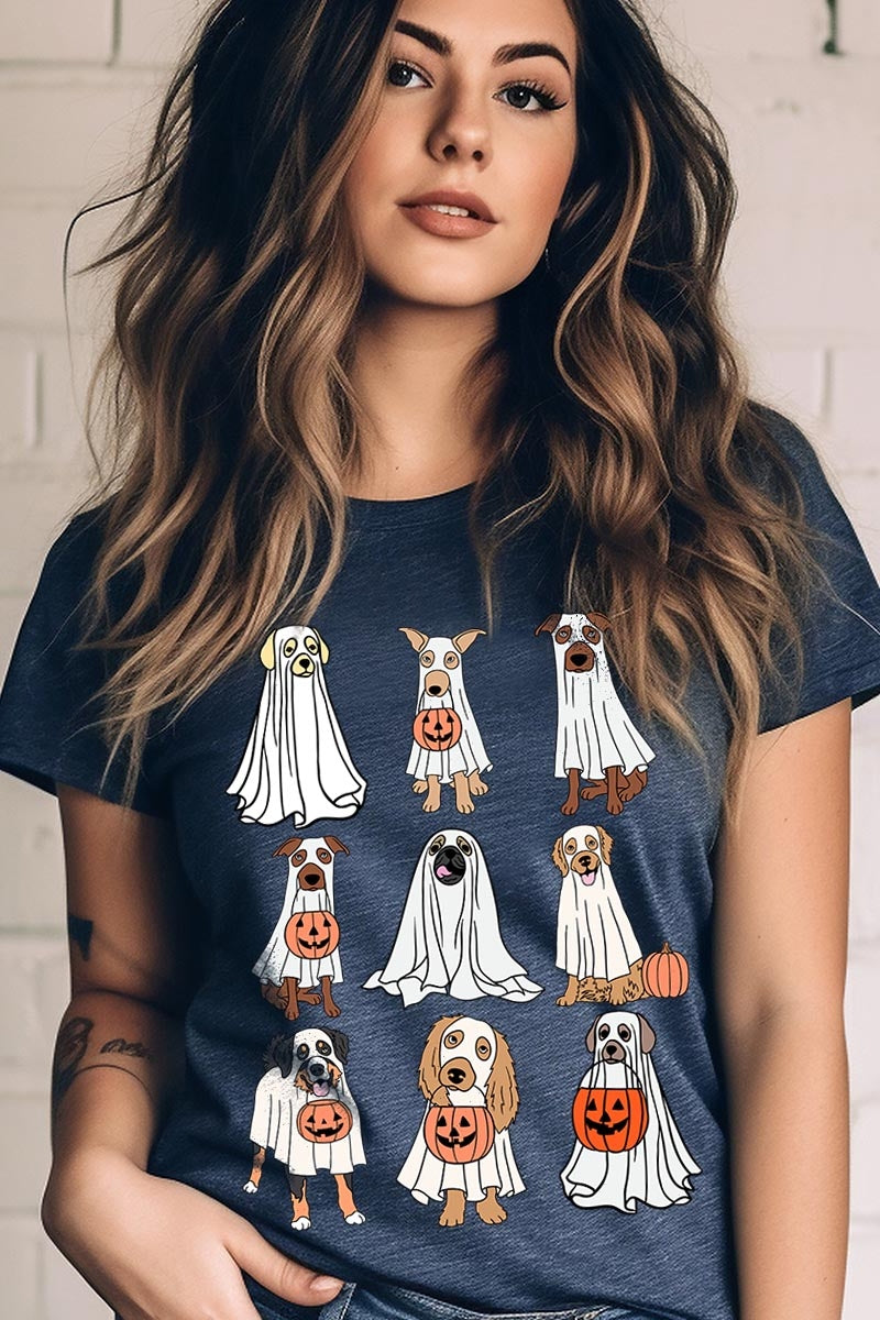 US3001-E3106 Halloween Ghost Dog Graphic Tee $12.5