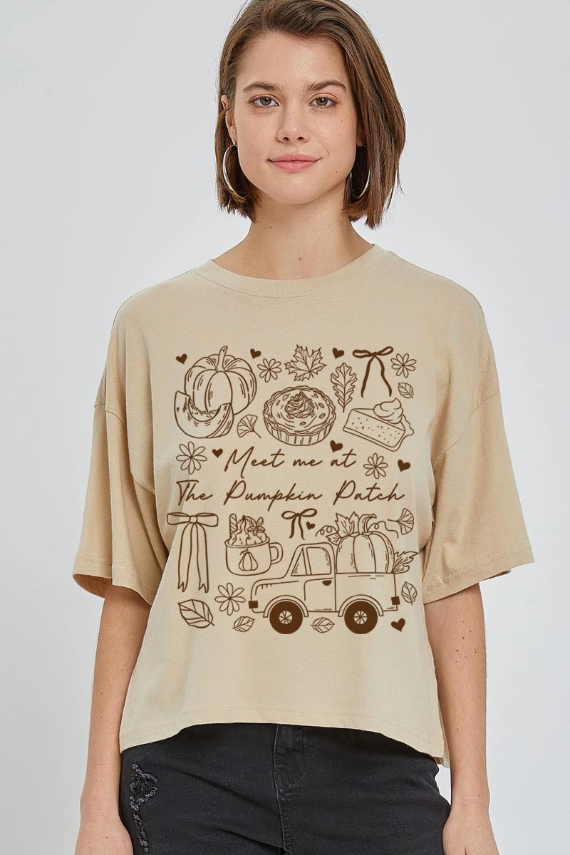 CTS-E3163 Pumpkin Patch Doodle Graphic Relaxed Crop Top $11
