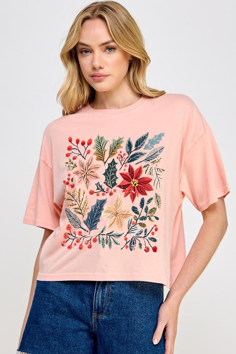 CTS-E3186 Floral Christmas Graphic Relaxed Crop Top $11
