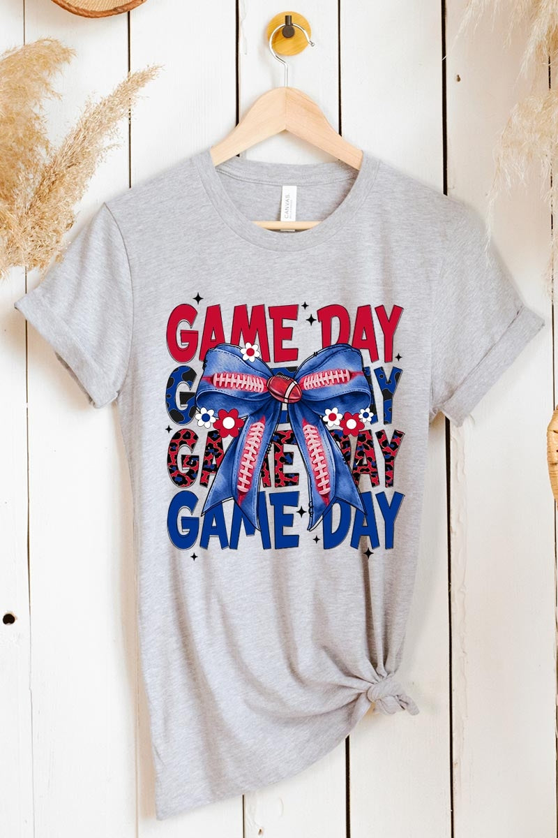 US3001-E3087 Red Blue Football Game Day Bow Graphic Tee $12.5