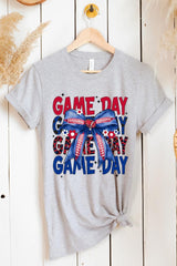 US3001-E3087 Red Blue Football Game Day Bow Graphic Tee $12.5