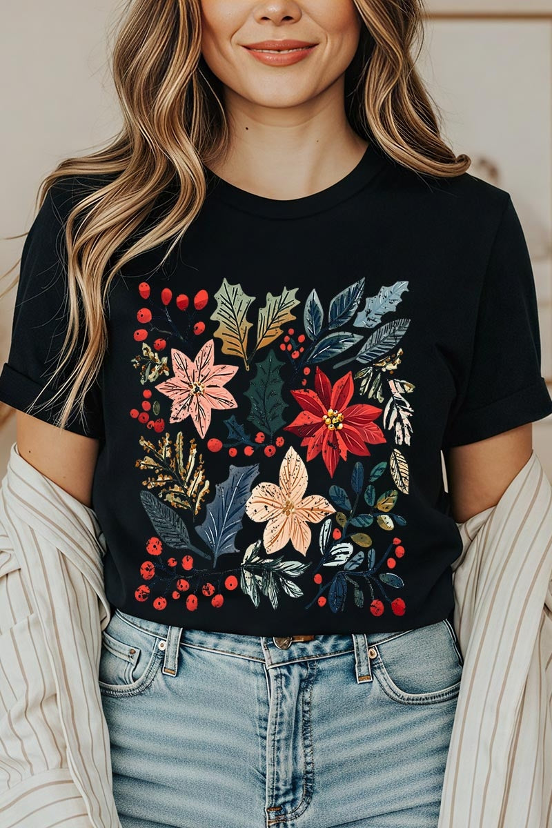 US3001P-E3186 Floral Christmas Graphic Plus Tee $16