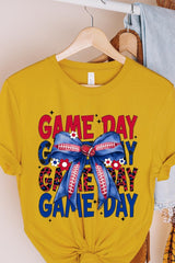US3001-E3087 Red Blue Football Game Day Bow Graphic Tee $12.5