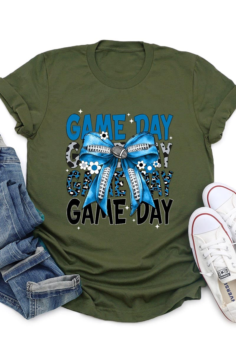 US3001P-E3089 Blue Silver Football Game Day Bow Graphic Plus Tee $16