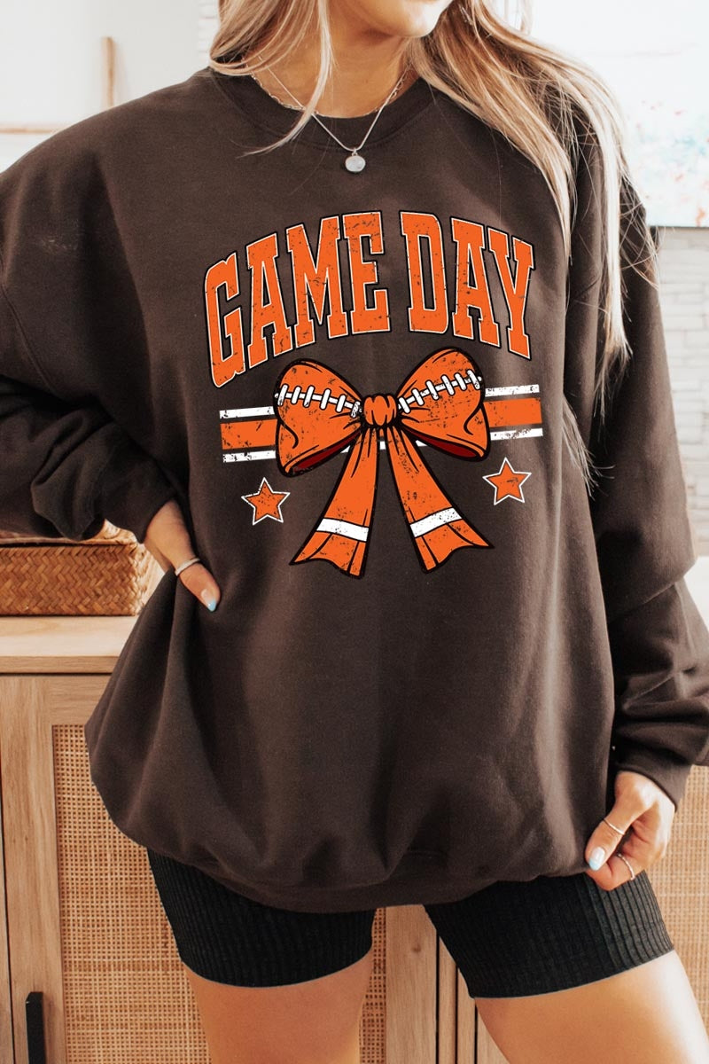 UL180-E3064 Orange Game Day Football Bow Graphic Sweatshirt $20