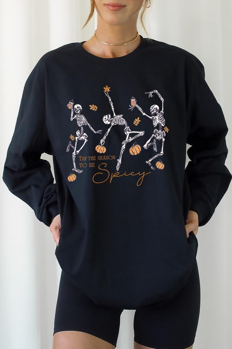 UL240-E3123 Halloween Skeleton Graphic Long Sleeve Tee $13.75