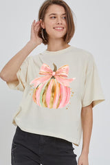 CTS-E3083 Brushstroke Pumpkin Graphic Relaxed Crop Top $11