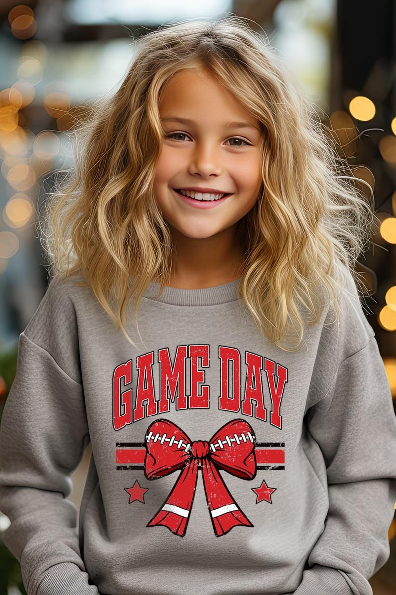 UL180B-E3062Z Red Game Day Football Bow Kids Graphic Sweatshirt $20