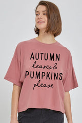 CTS-E3158 Autumn Leaves Pumpkins Graphic Relaxed Crop Top $11
