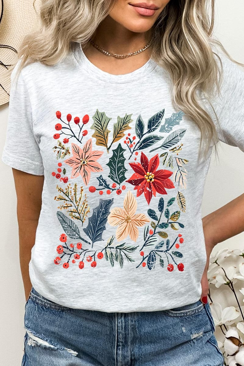 US3001P-E3186 Floral Christmas Graphic Plus Tee $16