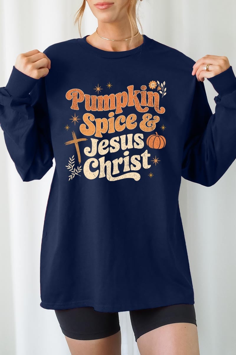 UL240P-E3164 Pumpkin Spice & Jesus Graphic Plus Long Sleeve Tee $17