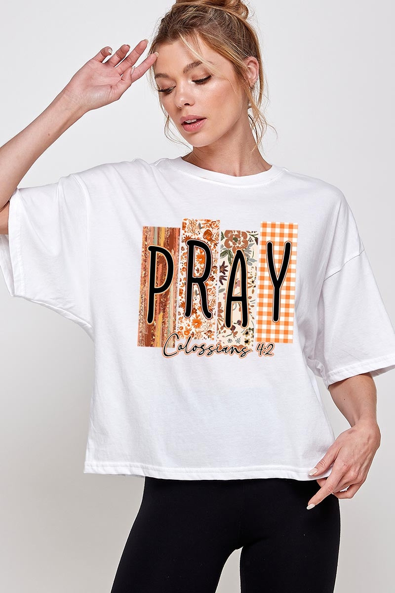CTS-E3166 Pray Fall Christian Graphic Relaxed Crop Top $11