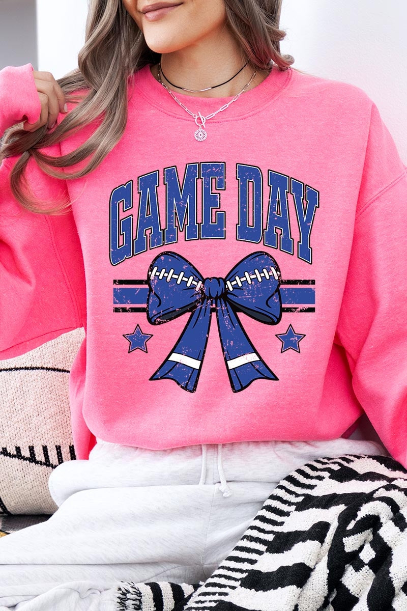 UL180-E3065 Blue Game Day Football Bow Graphic Sweatshirt $20