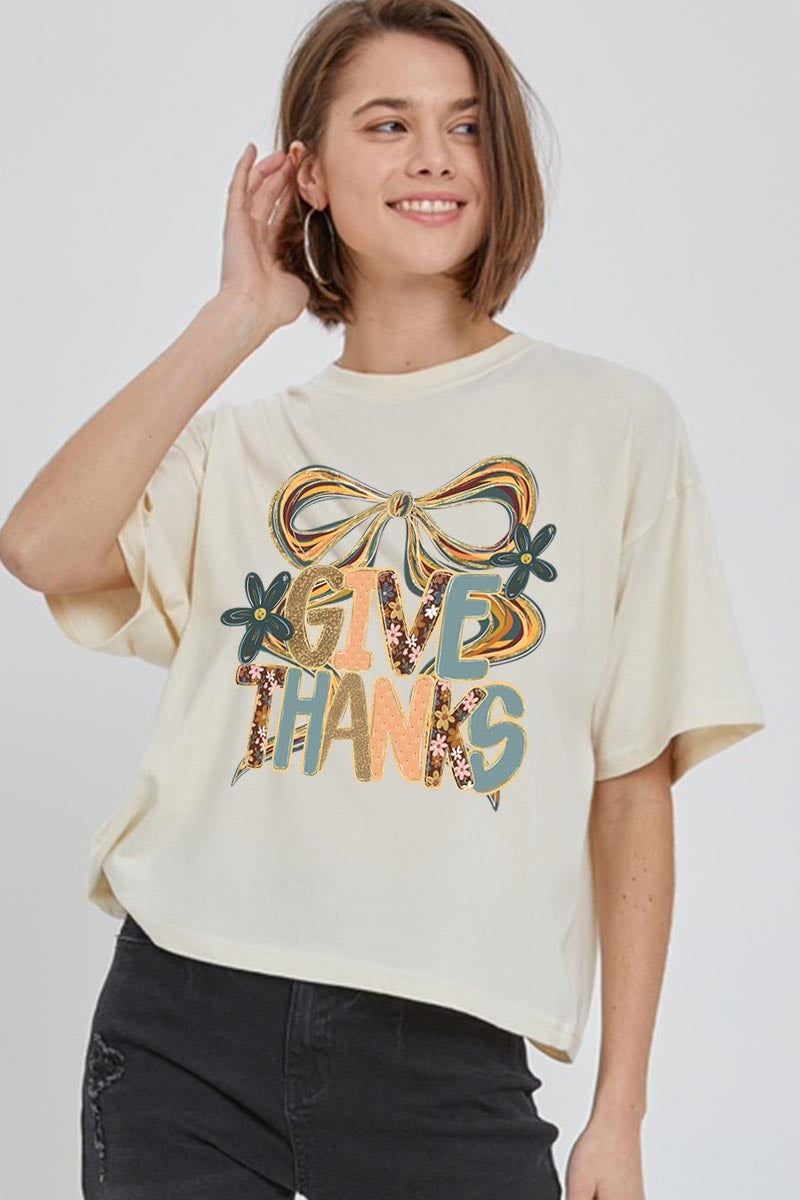 CTS-E3154 Give Thanks Bow Graphic Relaxed Crop Top $11