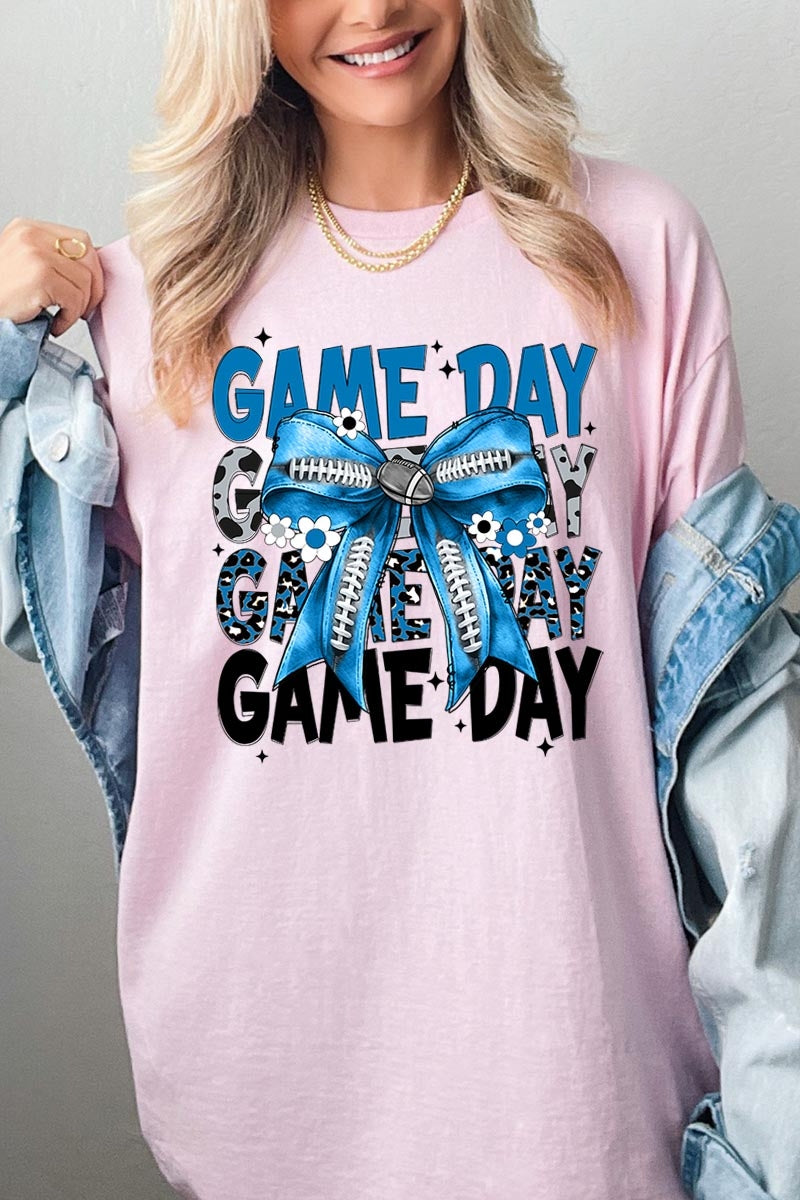 5000P-E3089 Blue Silver Football Bow Plus Heavy Cotton Tee $12.75
