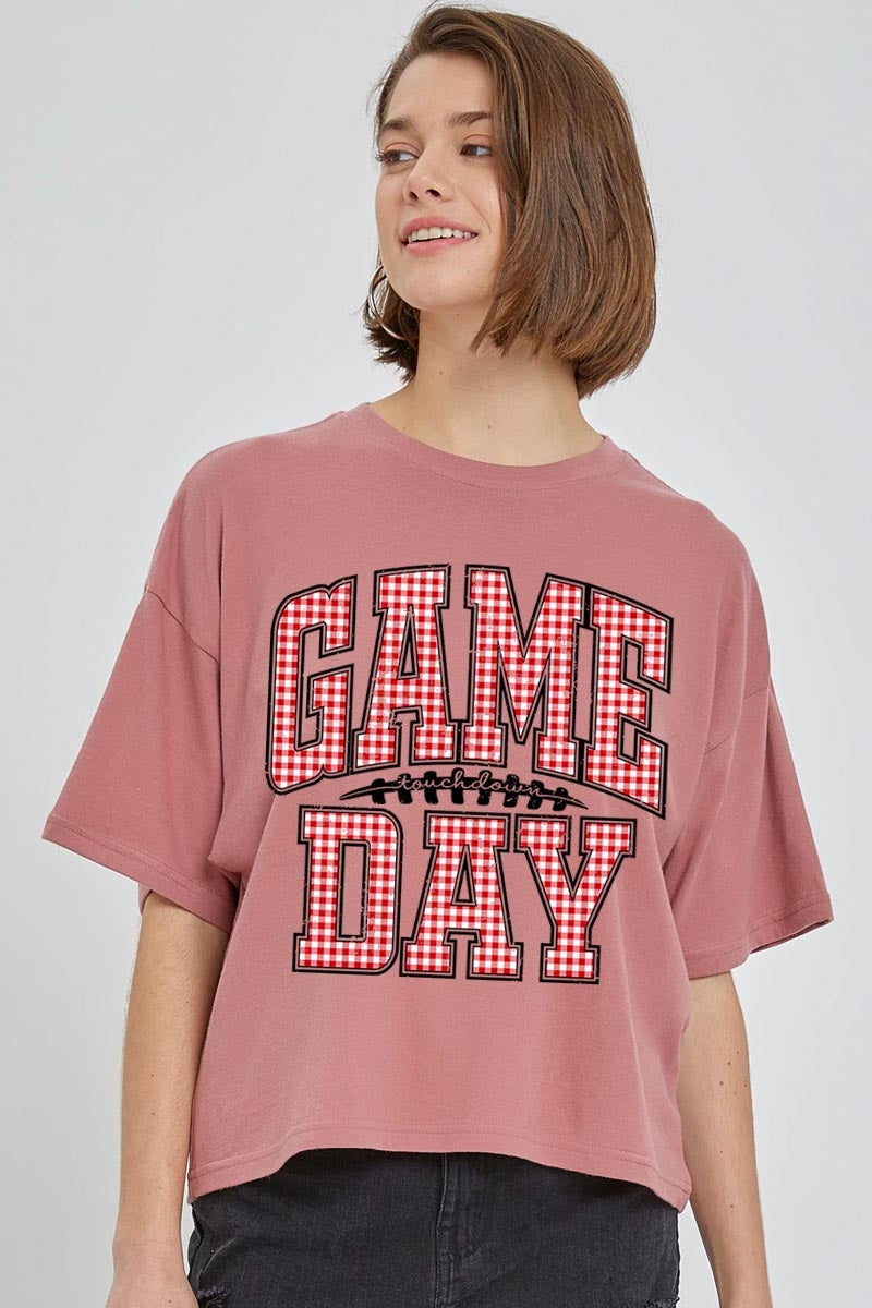 CTS-E3126 Red Gingham Game Day Graphic Relaxed Crop Top $11