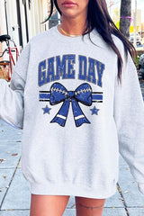 UL180P-E3065 Blue Game Day Football Bow Graphic Plus Sweatshirt $25
