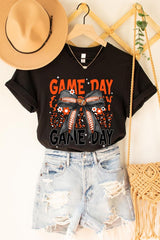 US3001-E3088 Orange Black Football Game Day Bow Graphic Tee $12.5